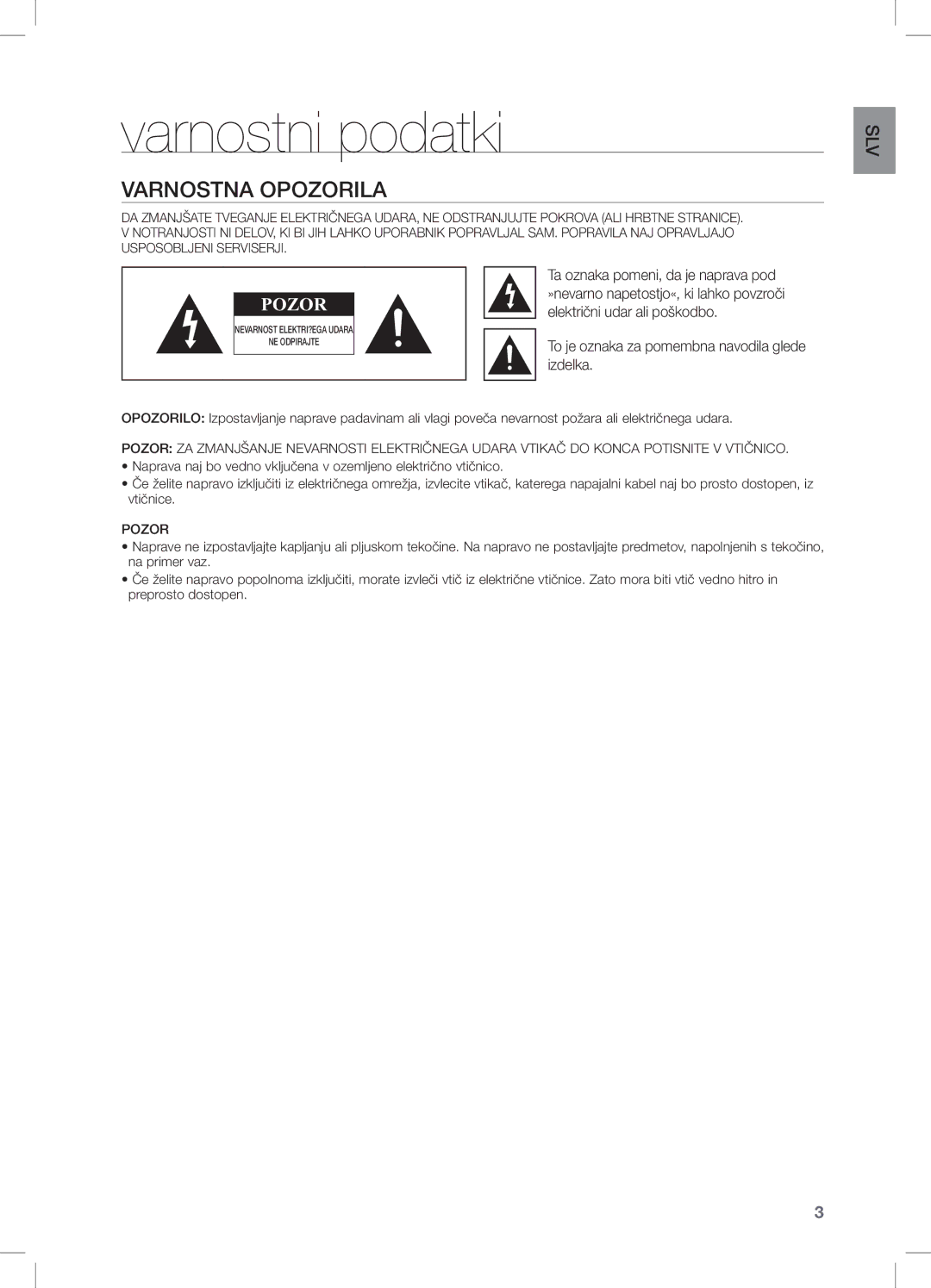 Samsung DA-E550/EN, DA-E550/ZF, DA-E550/XE manual Varnostni podatki, Varnostna Opozorila 