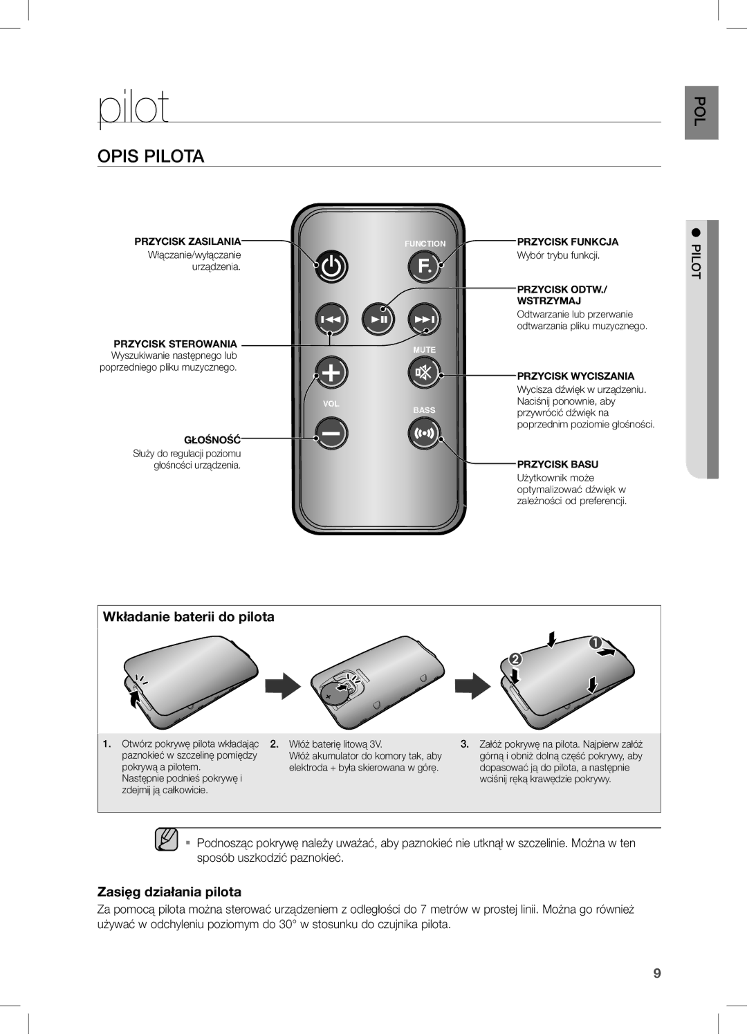 Samsung DA-E550/EN, DA-E550/ZF, DA-E550/XE manual Wkładanie baterii do pilota, Zasięg działania pilota 