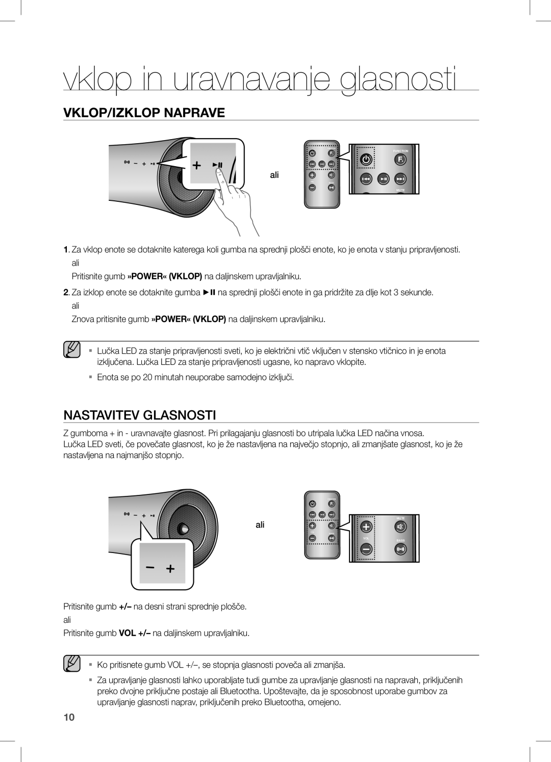 Samsung DA-E550/ZF, DA-E550/EN, DA-E550/XE manual Vklop in uravnavanje glasnosti, Nastavitev Glasnosti 