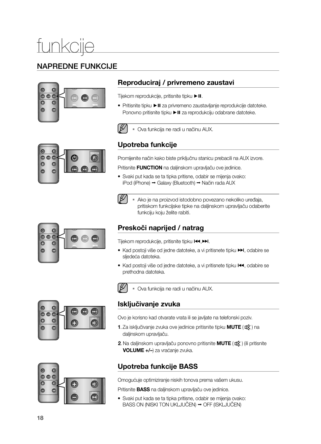 Samsung DA-E550/EN manual Reproduciraj / privremeno zaustavi, Upotreba funkcije, Preskoči naprijed / natrag 