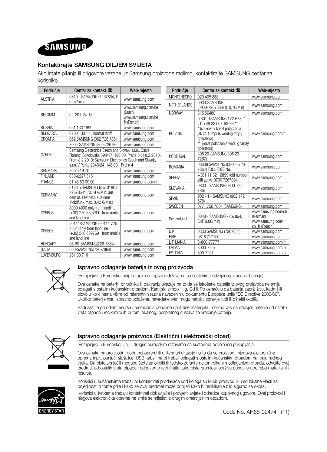 Samsung DA-E550/EN manual Code No. AH68-02474T, Područje Centar za kontakt  Web-mjesto 