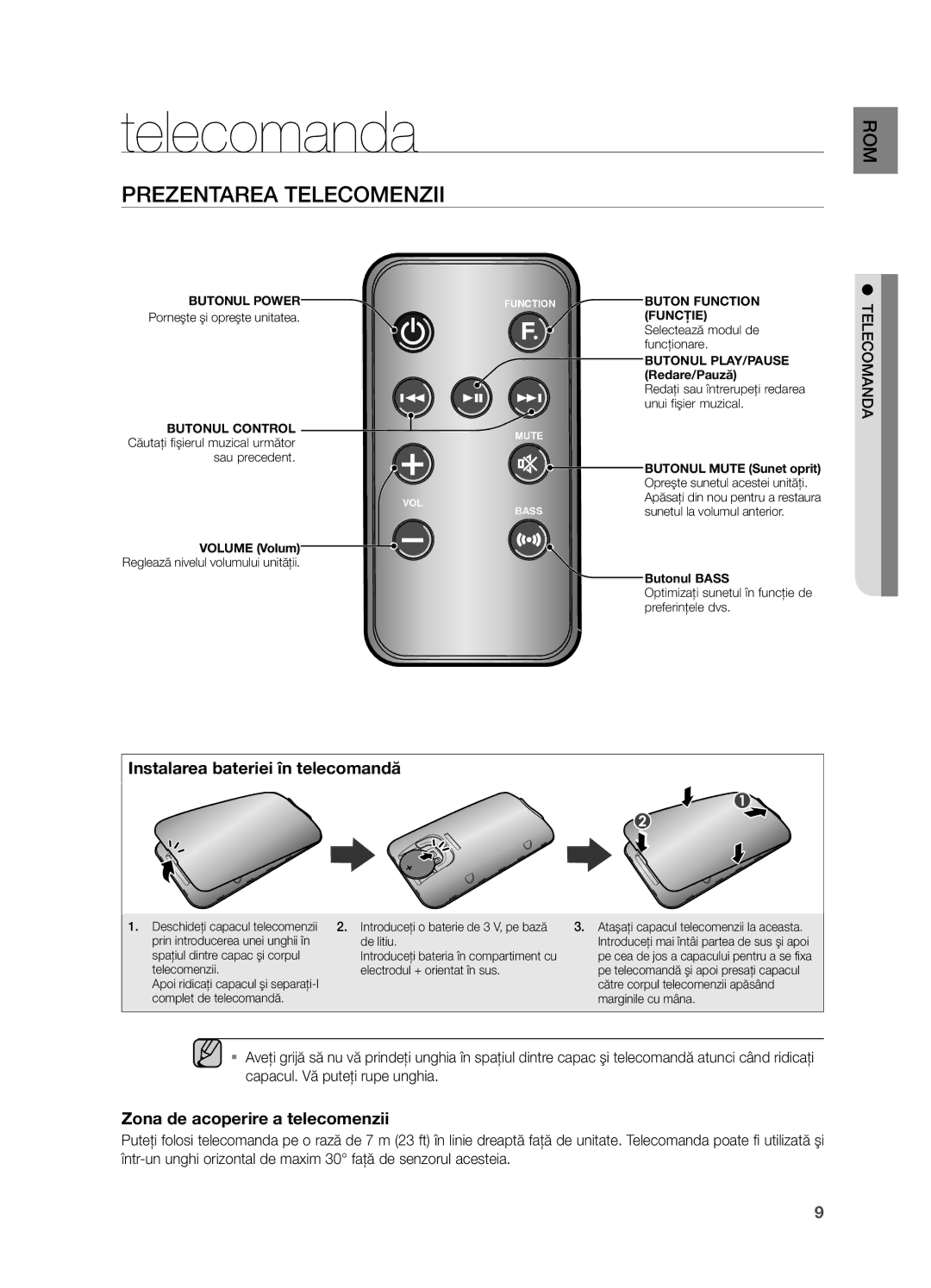 Samsung DA-E550/EN manual Telecomanda, Prezentarea Telecomenzii, Instalarea bateriei în telecomandă, Rom Andaom Telec 