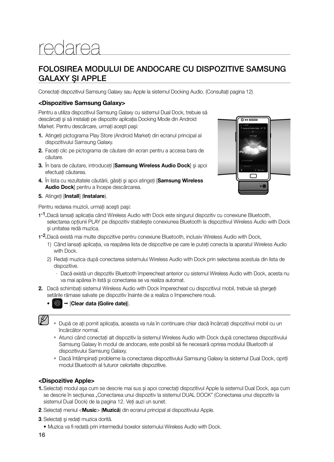 Samsung DA-E550/EN manual Redarea, Folosirea Modului DE Andocare CU Dispozitive samsung, Galaxy ŞI Apple, Dispozitive Apple 