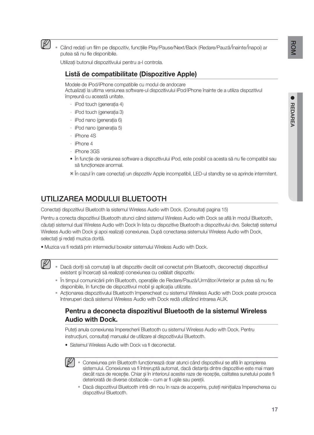 Samsung DA-E550/EN manual Utilizarea Modului Bluetooth, Listă de compatibilitate Dispozitive Apple 