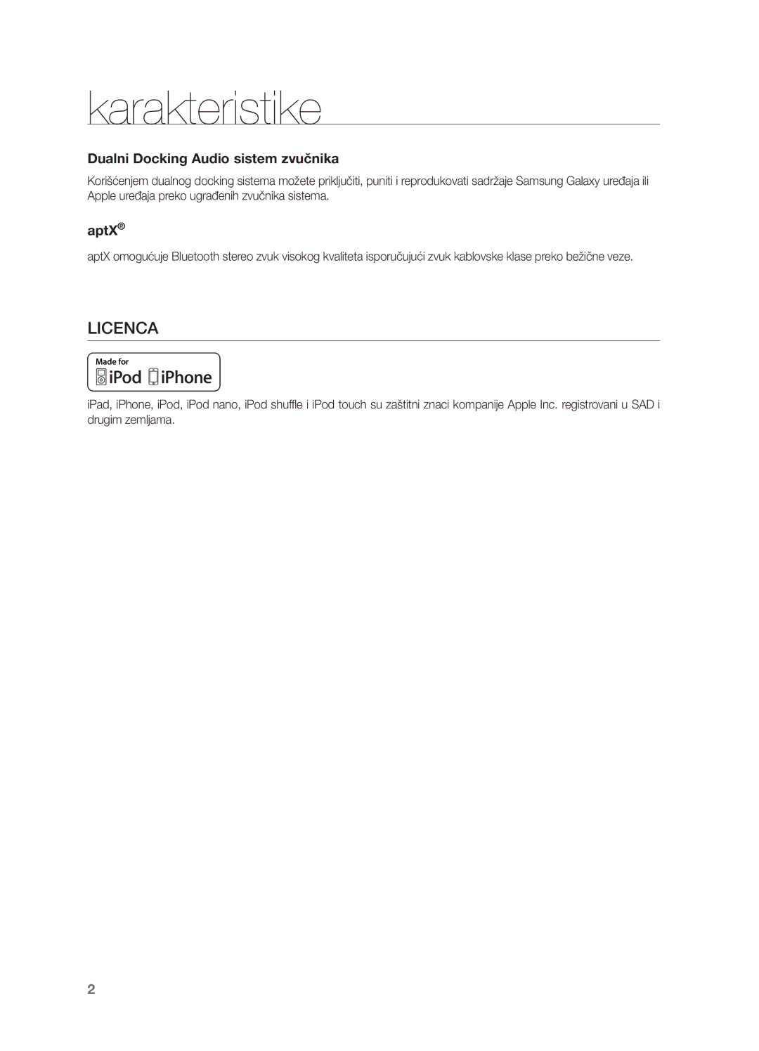 Samsung DA-E550/EN manual Karakteristike, Dualni Docking Audio sistem zvučnika 