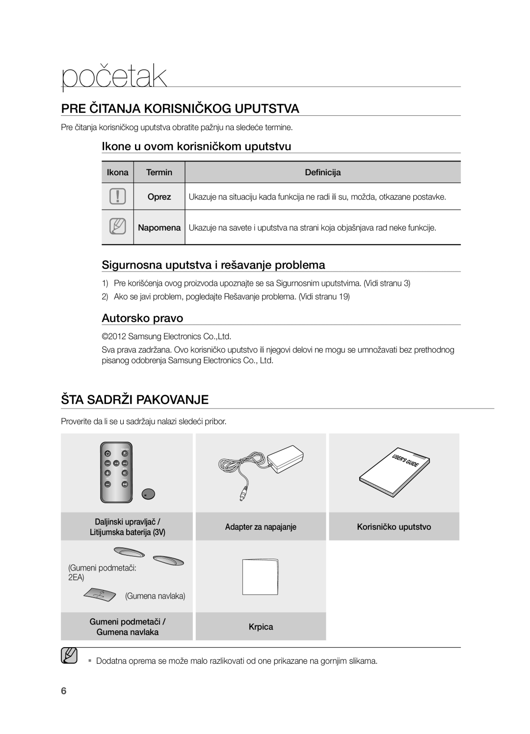 Samsung DA-E550/EN manual Početak, Pre čitanja Korisničkog uputstva, ŠTA Sadrži Pakovanje 