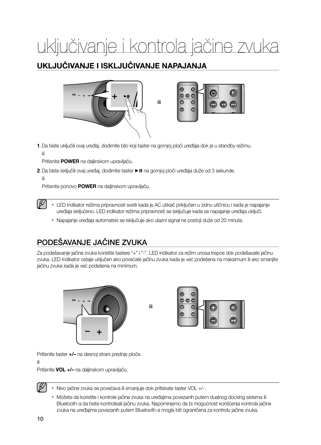 Samsung DA-E550/EN manual Uključivanje I Isključivanje Napajanja, Podešavanje Jačine Zvuka, Ili 