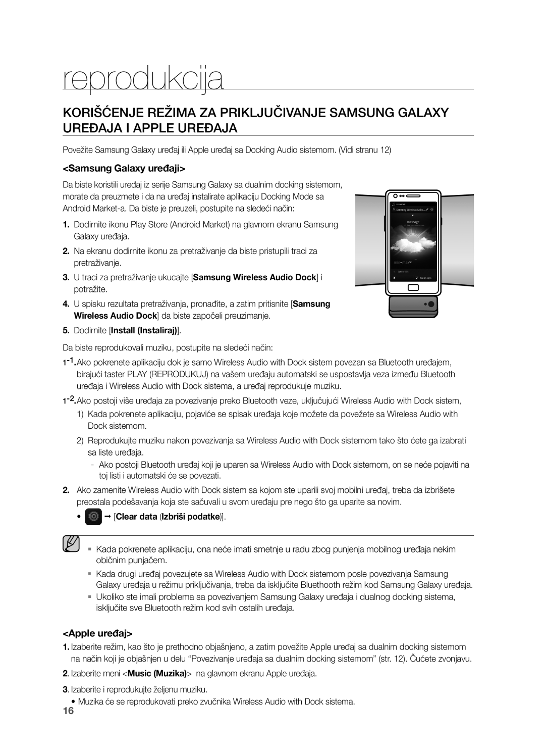 Samsung DA-E550/EN manual Reprodukcija, Samsung Galaxy uređaji, Apple uređaj, Dodirnite Install Instaliraj 