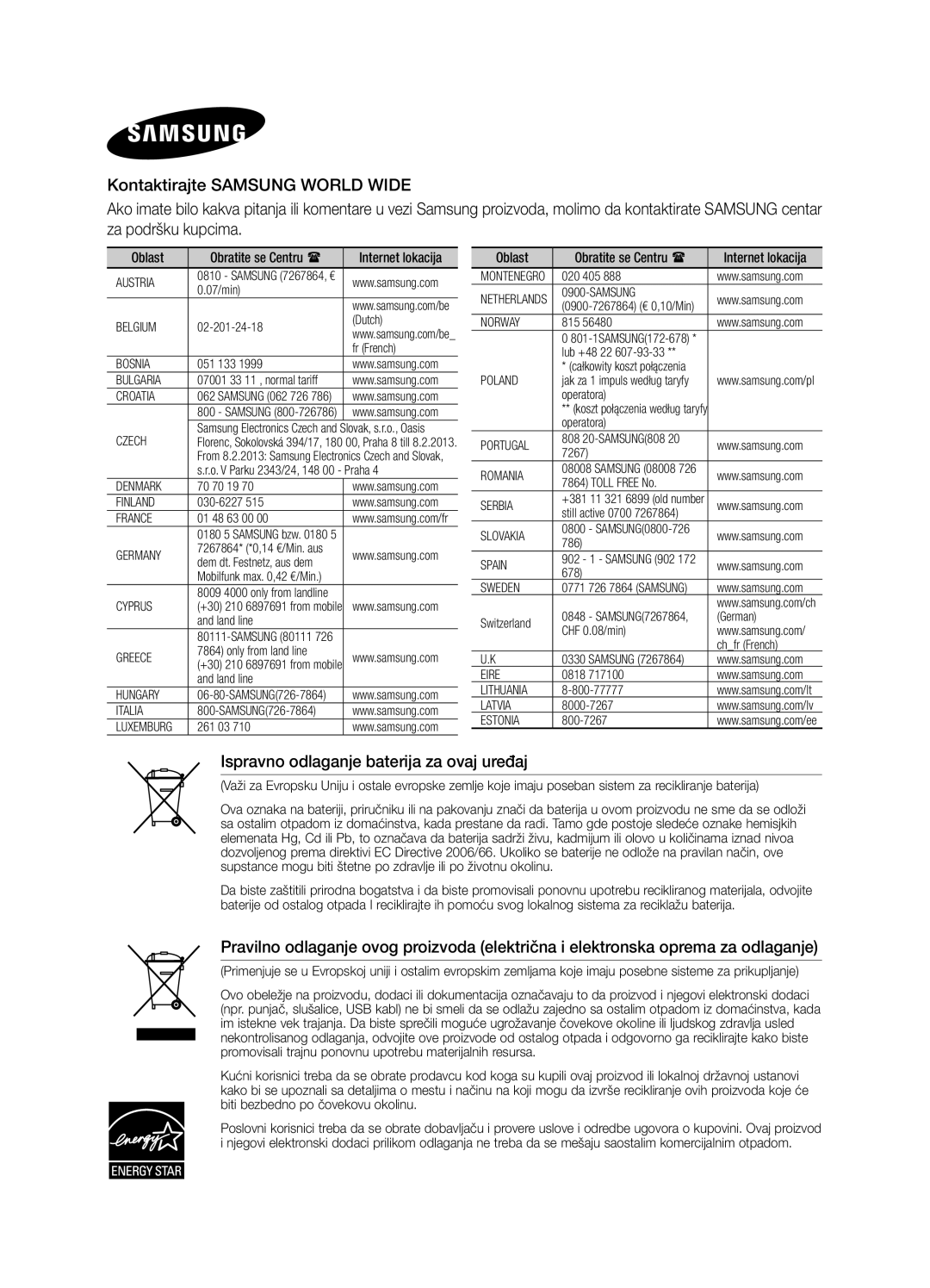 Samsung DA-E550/EN manual Ispravno odlaganje baterija za ovaj uređaj 