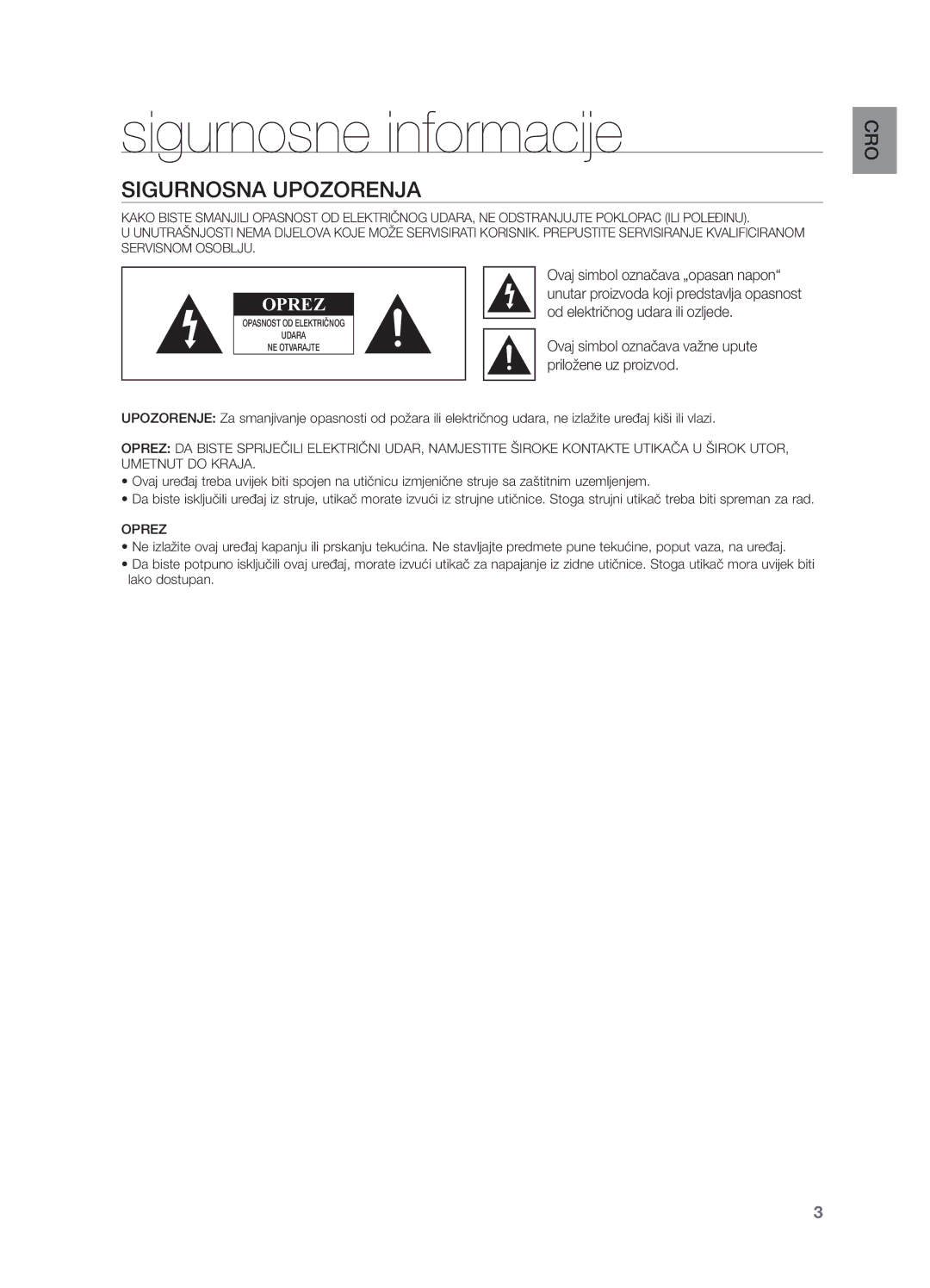 Samsung DA-E550/EN manual Od električnog udara ili ozljede, Ovaj simbol označava važne upute, Priložene uz proizvod 