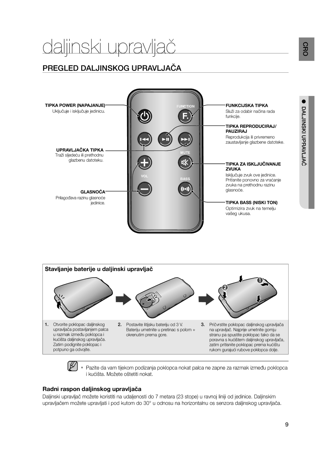 Samsung DA-E550/EN manual Pregled Daljinskog Upravljača, Stavljanje baterije u daljinski upravljač 