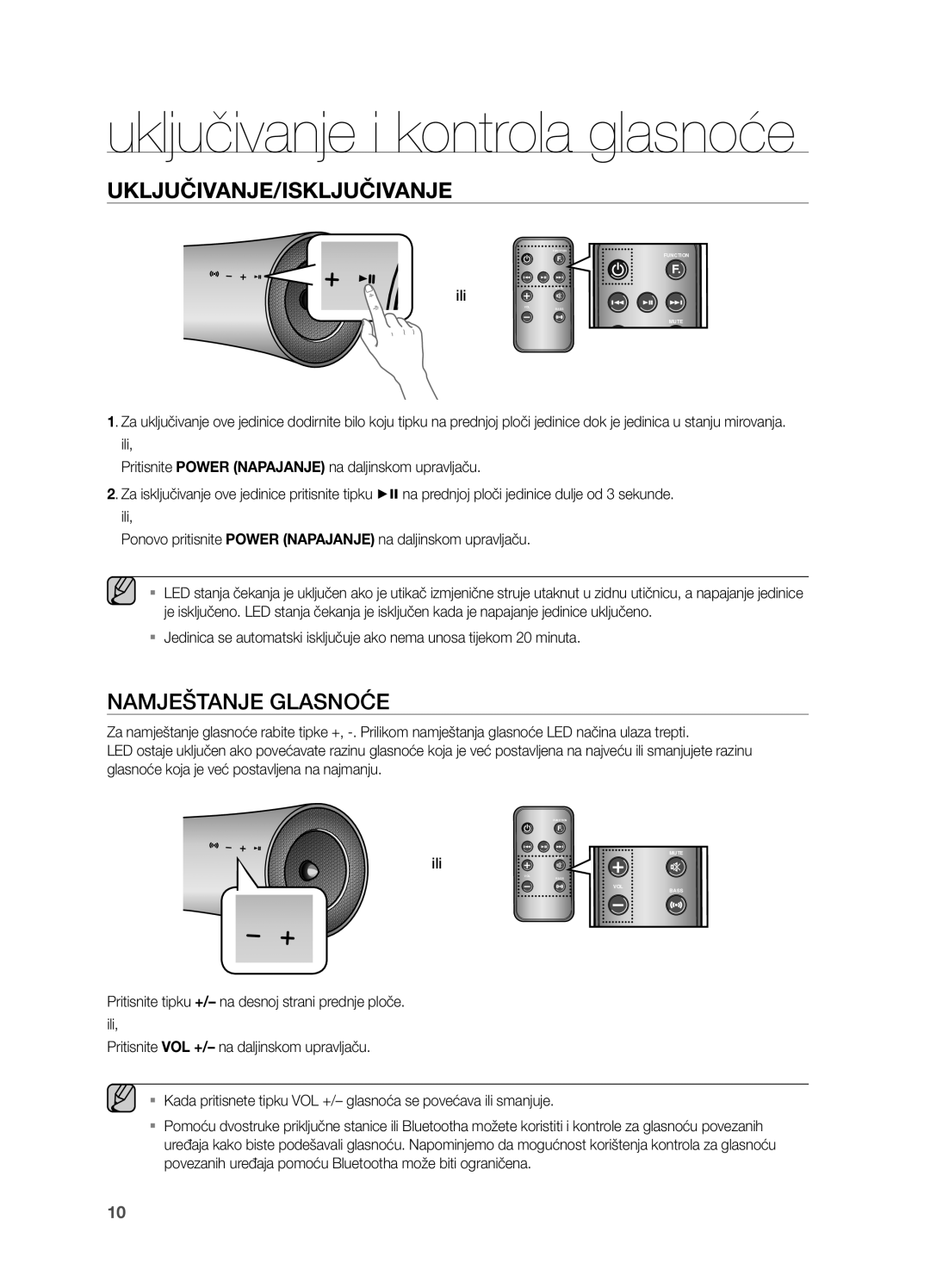 Samsung DA-E550/EN manual Uključivanje i kontrola glasnoće, Uključivanje/Isključivanje, Namještanje Glasnoće 