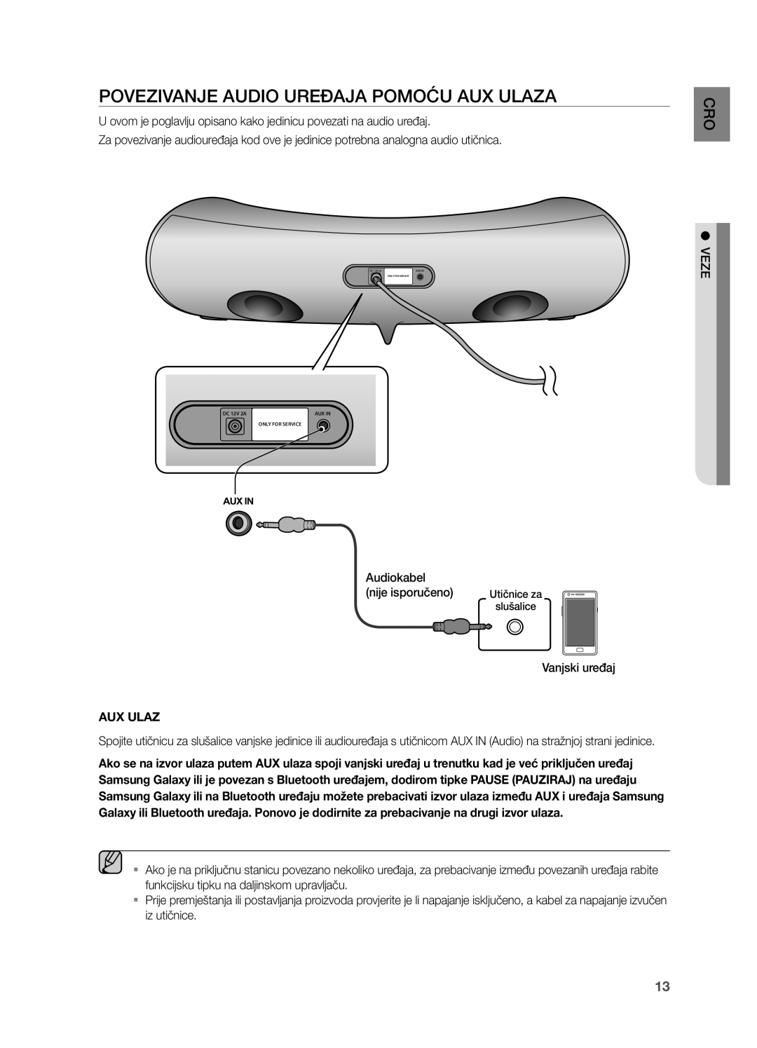 Samsung DA-E550/EN manual POVeZiVanJe aUDiO UReĐaJa Pomoću aUX ULaZa, VeZe, Audiokabel Nije isporučeno Utičnice za 