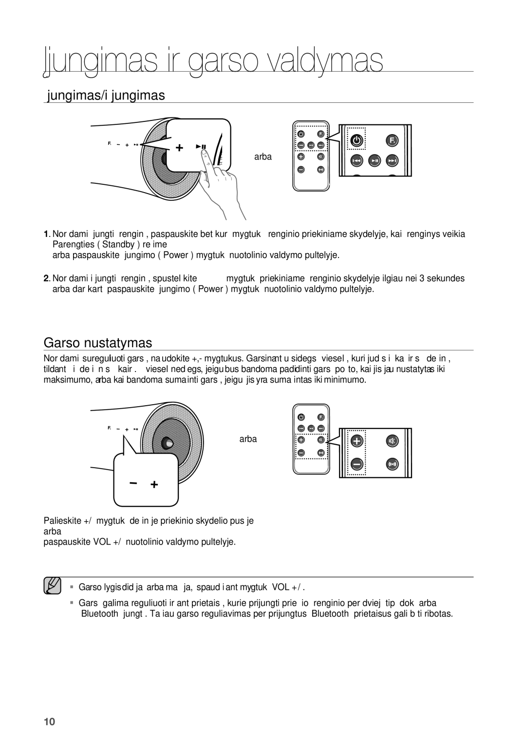 Samsung DA-E550/EN manual Įjungimas ir garso valdymas, Įjungimas/išjungimas, Garso nustatymas, Arba 