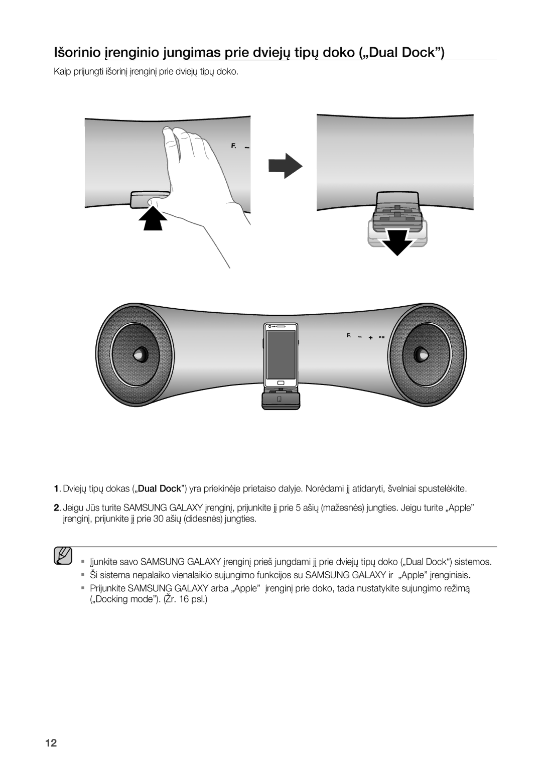 Samsung DA-E550/EN manual Išorinio įrenginio jungimas prie dviejų tipų doko „Dual Dock 