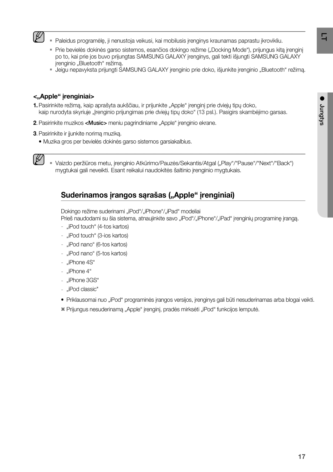 Samsung DA-E550/EN manual „Apple įrenginiai, Dokingo režime suderinami „iPod/„iPhone/„iPad modeliai 