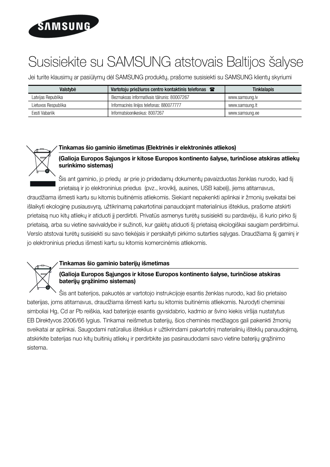 Samsung DA-E550/EN manual Susisiekite su Samsung atstovais Baltijos šalyse 