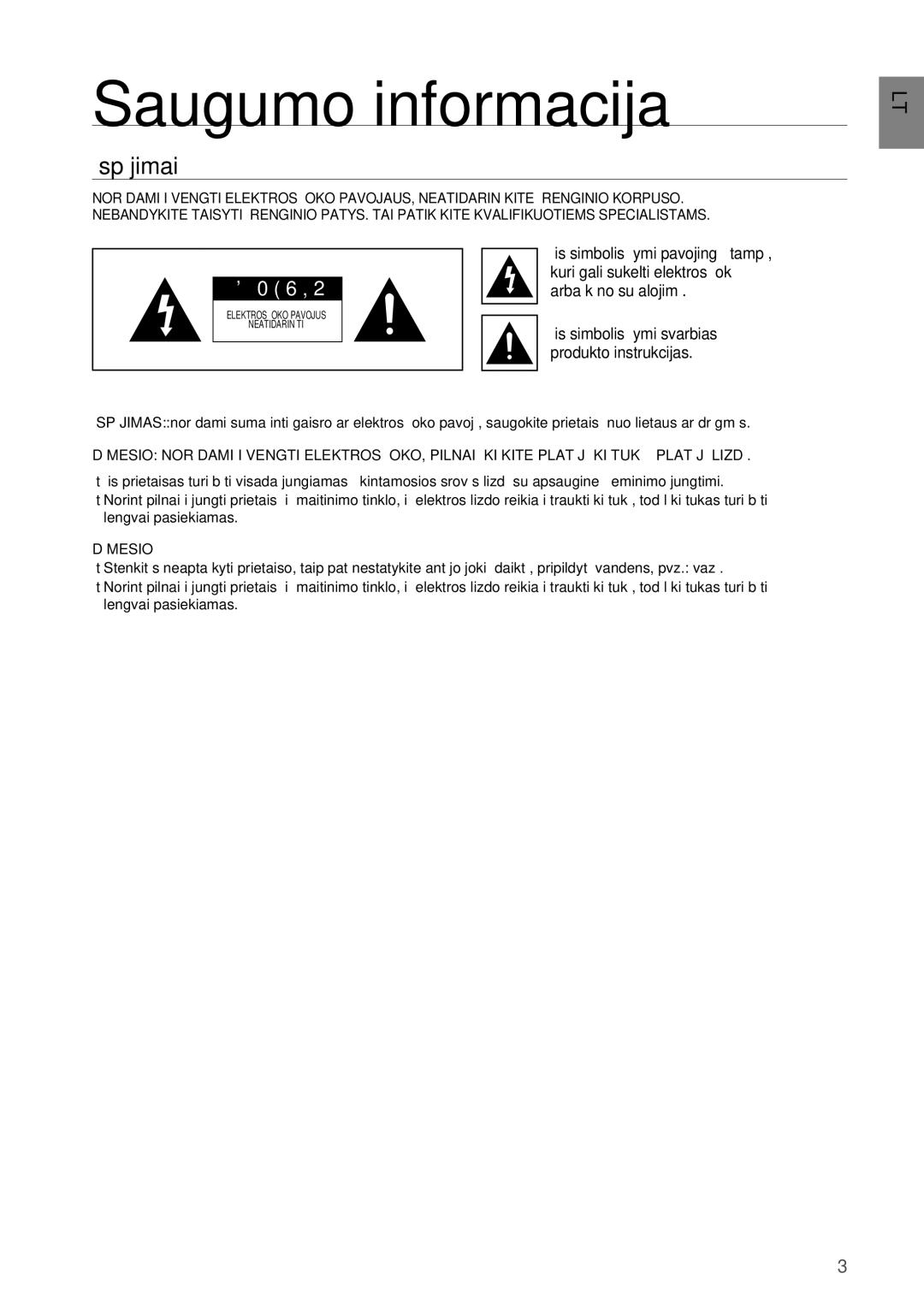 Samsung DA-E550/EN manual Saugumo informacija, Įspėjimai 