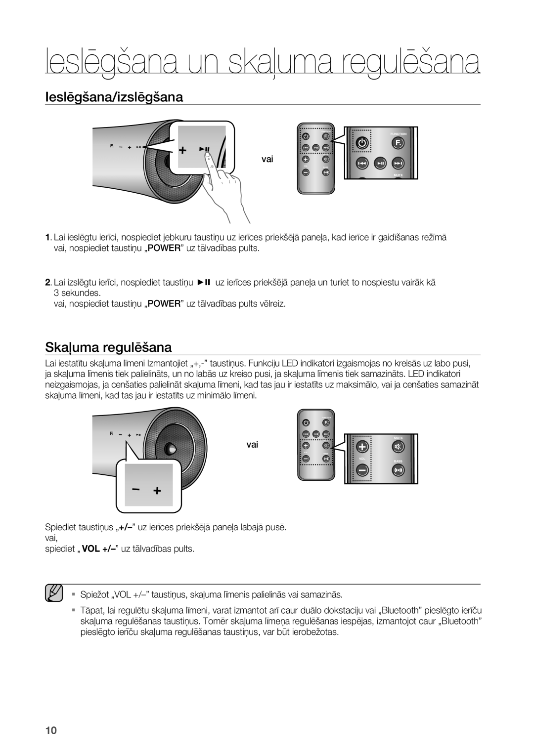 Samsung DA-E550/EN manual Ieslēgšana/izslēgšana, Skaļuma regulēšana 