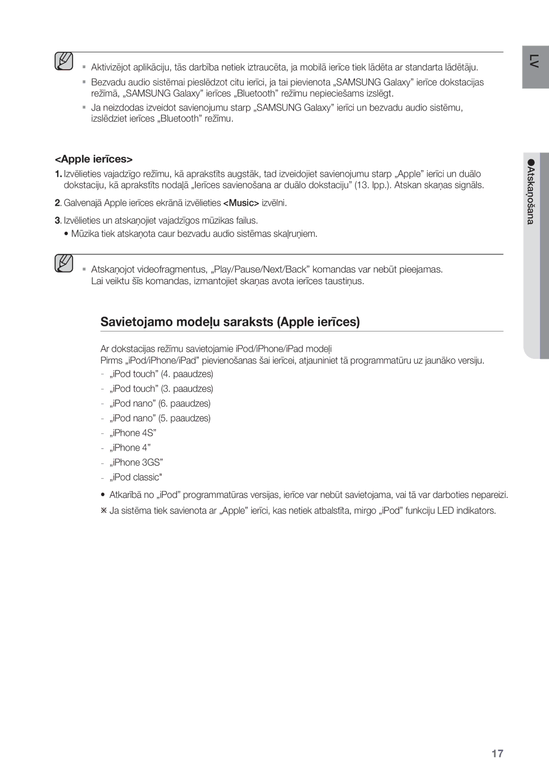 Samsung DA-E550/EN manual Savietojamo modeļu saraksts Apple ierīces 