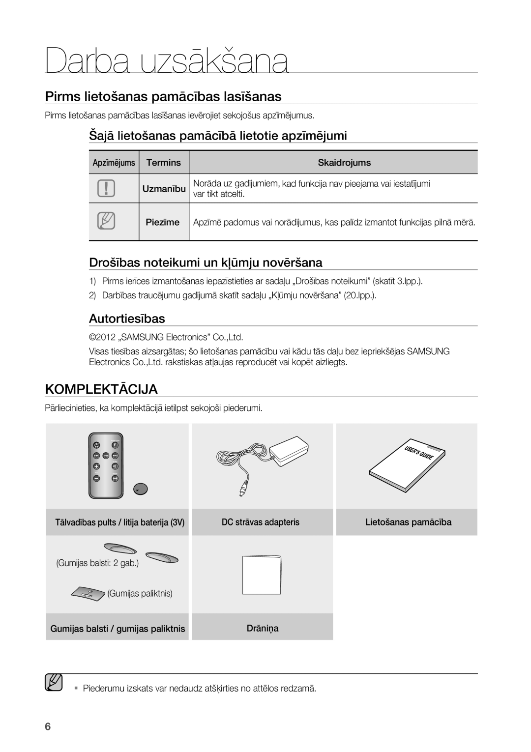 Samsung DA-E550/EN manual Darba uzsākšana, Pirms lietošanas pamācības lasīšanas, Komplektācija 