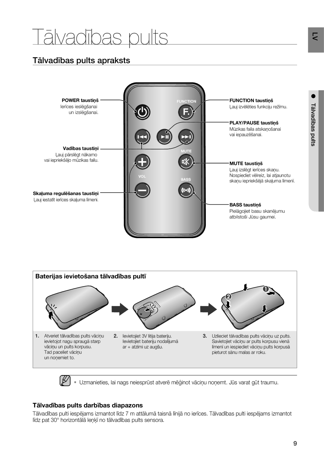 Samsung DA-E550/EN manual Tālvadības pults apraksts, Baterijas ievietošana tālvadības pultī 