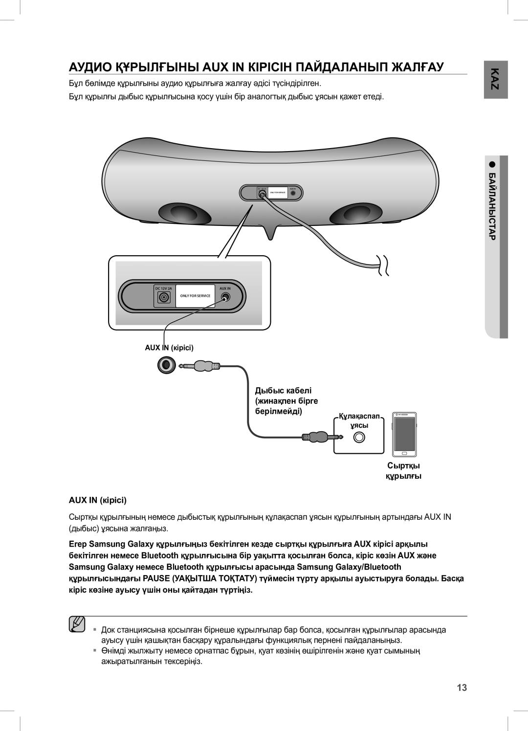 Samsung DA-E550/RU manual AUX in кірісі, Сыртқы Құрылғы БАЙЛАнЫСТАР 