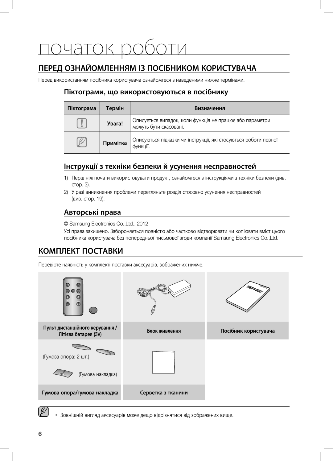 Samsung DA-E550/RU manual Початок роботи, Перед ознайомленням із посібником користувача, Комплект Поставки 