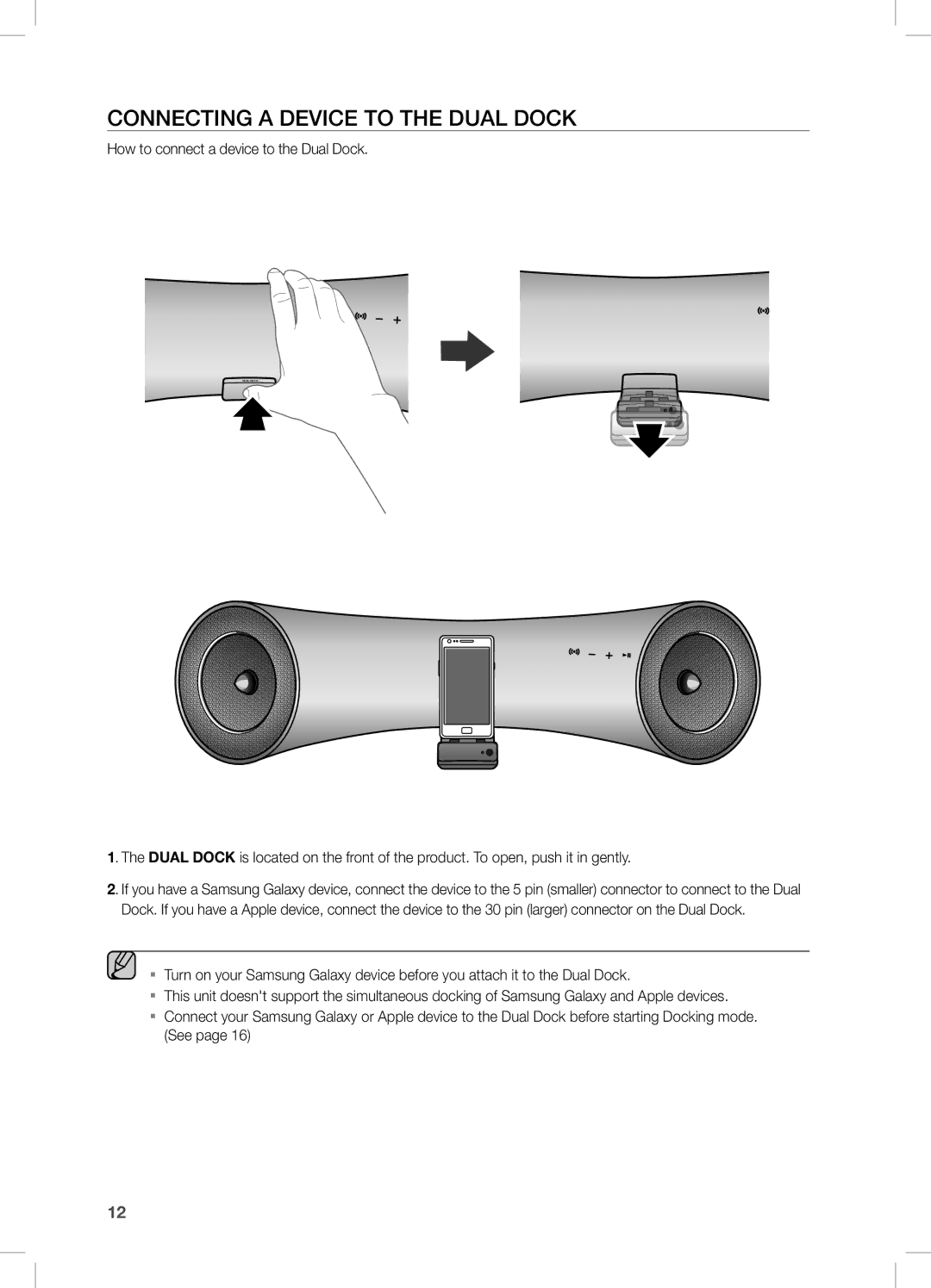 Samsung DA-E550/SQ manual COnnecting a DeVice tO tHe DUaL DOcK, How to connect a device to the Dual Dock 