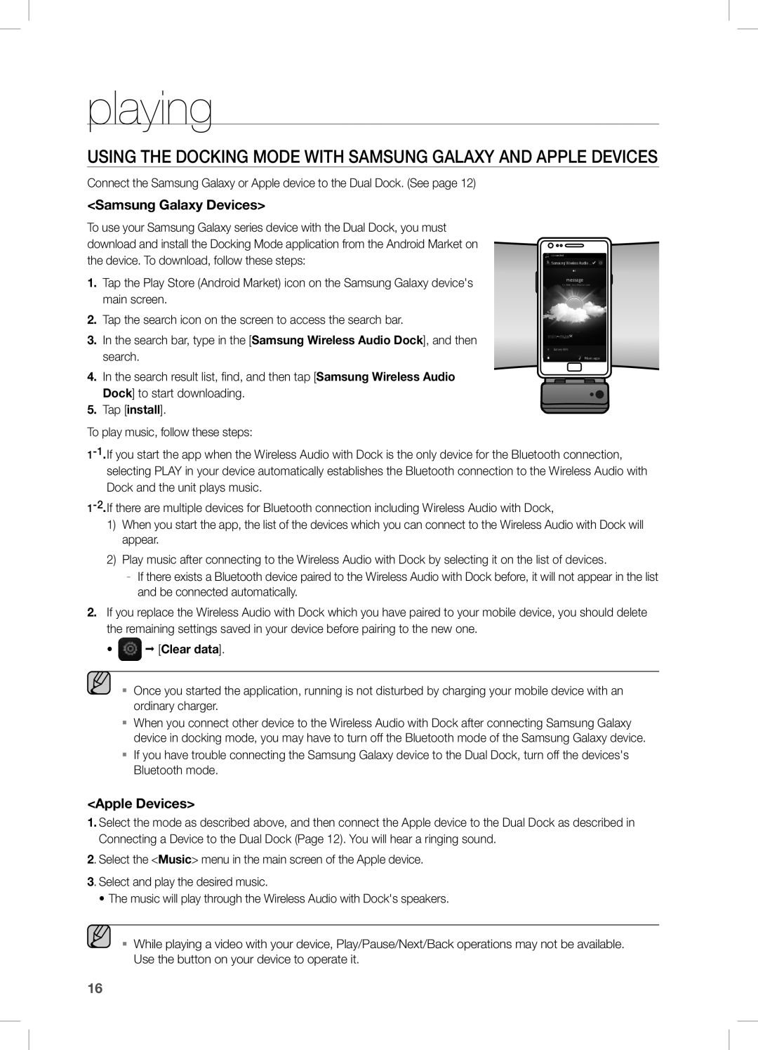 Samsung DA-E550/SQ manual Playing, Samsung Galaxy Devices, Apple Devices, Tap install, Clear data 