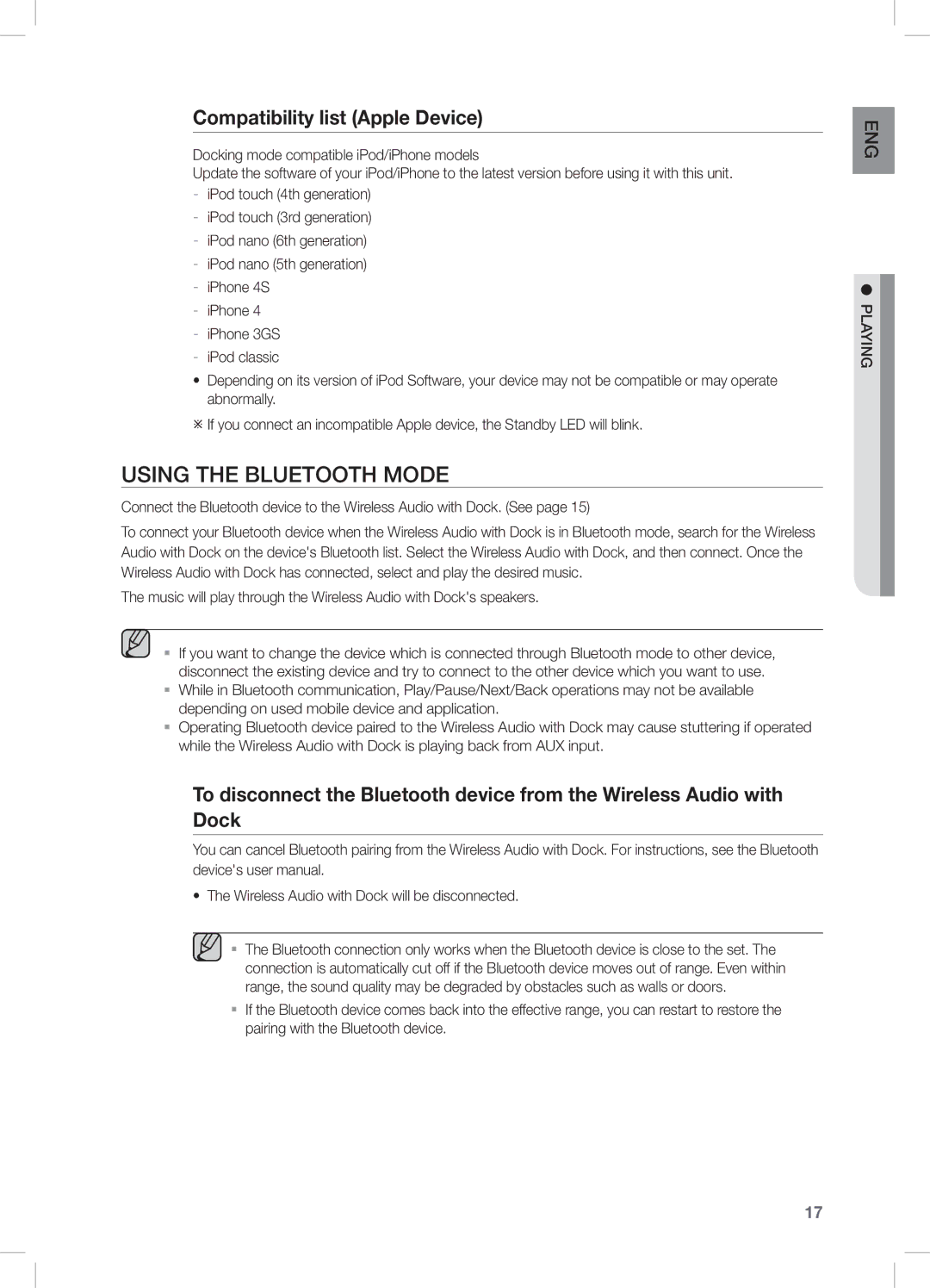 Samsung DA-E550/SQ manual Compatibility list Apple Device, Wireless Audio with Dock will be disconnected 