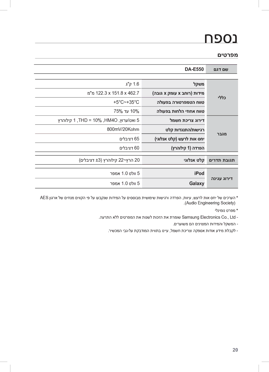 Samsung DA-E550/SQ manual חפסנ, םיטרפמ 