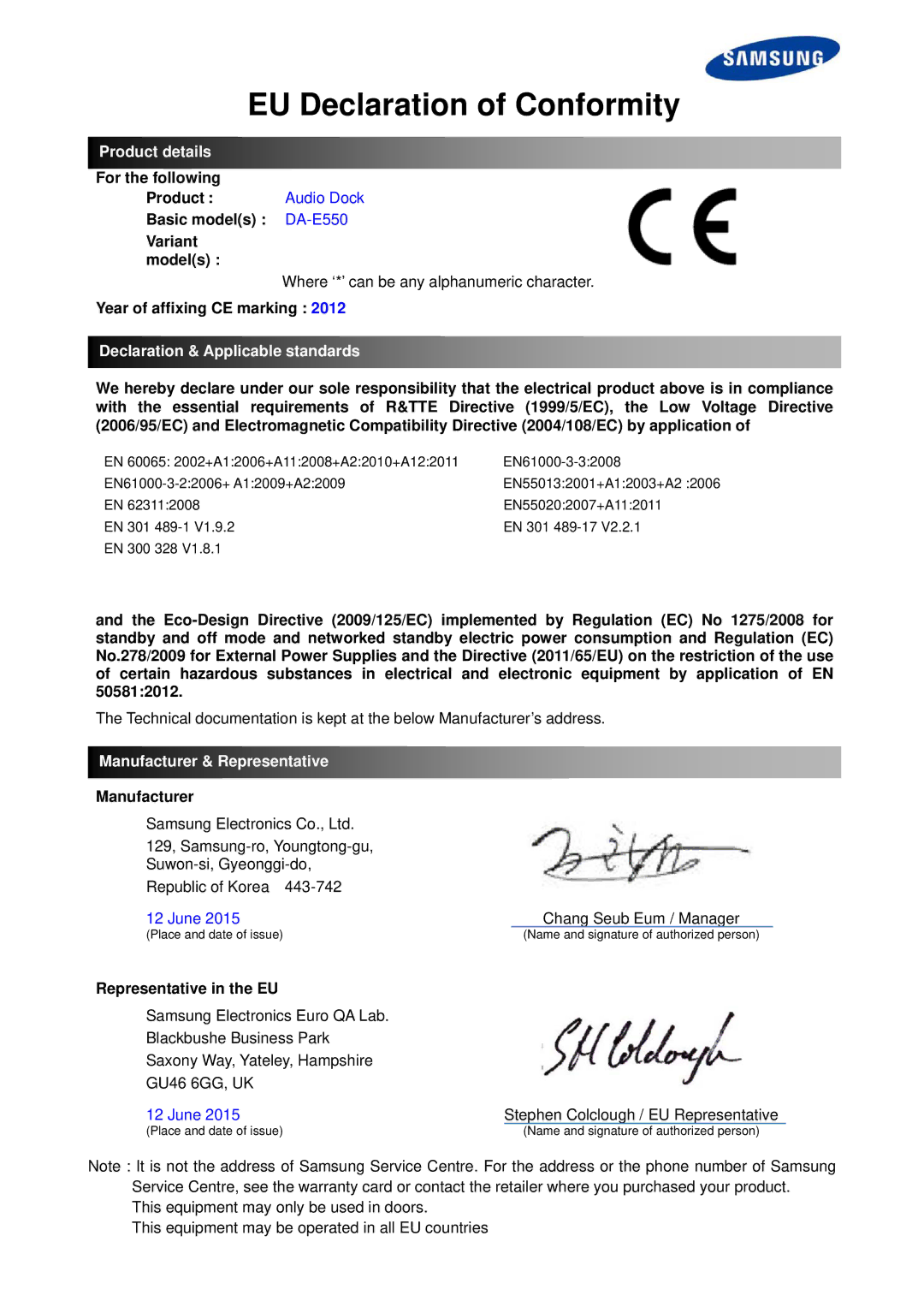 Samsung DA-E550/EN manual EU Declaration of Conformity, Product details, Audio Dock, Declaration & Applicable standards 