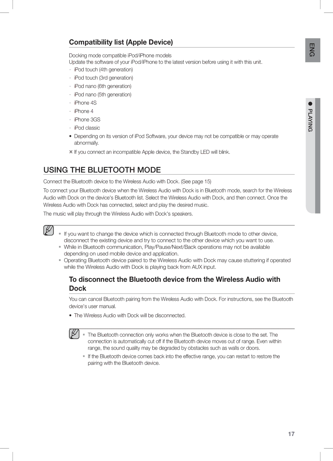 Samsung DA-E550/SQ, DA-E550/TK, DA-E550/EN, DA-E550/XN, DA-E550/ZF Using the Bluetooth Mode, Compatibility list Apple Device 