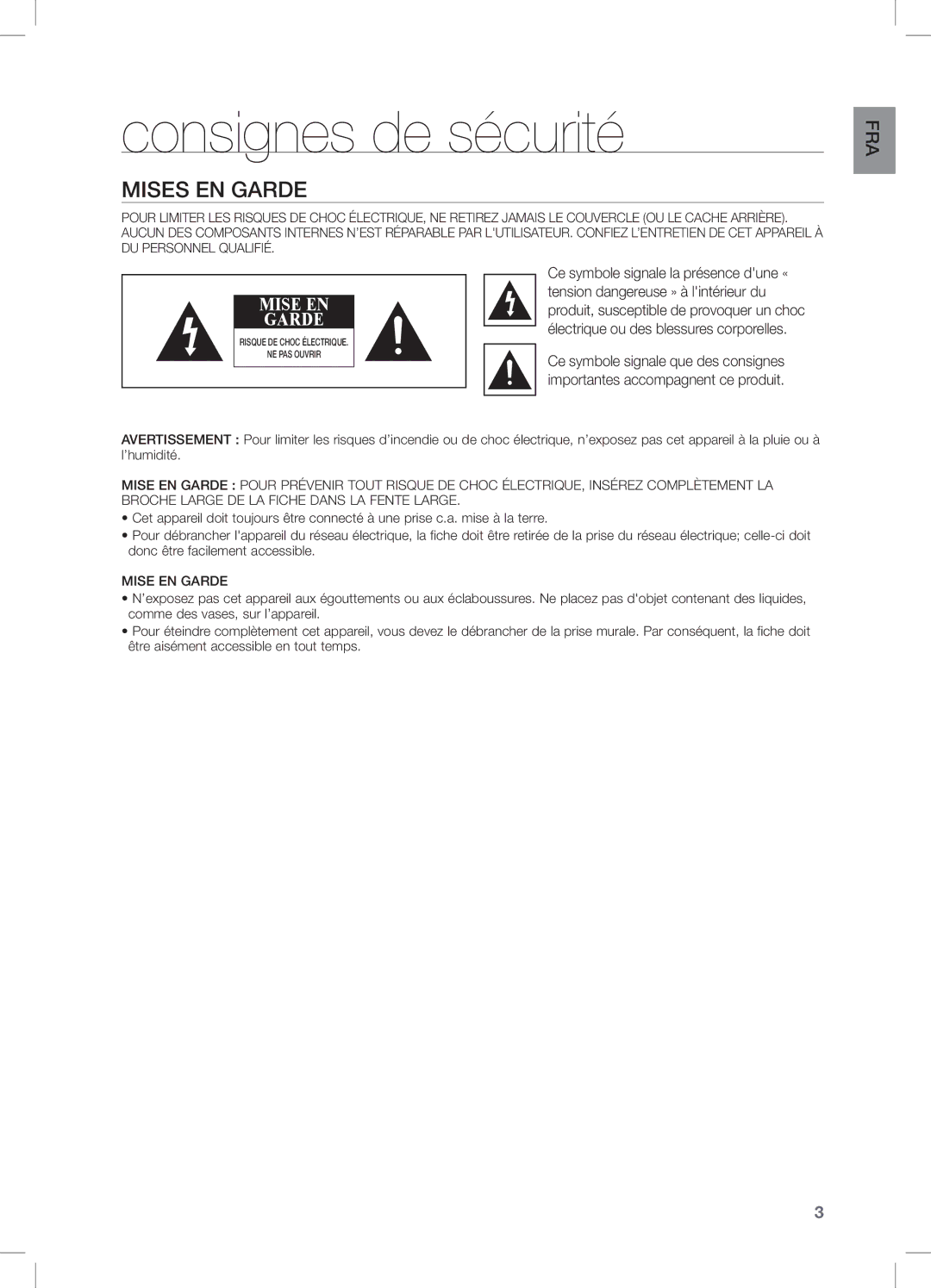 Samsung DA-E550/ZN, DA-E550/TK, DA-E550/EN, DA-E550/XN, DA-E550/ZF, DA-E550/UM manual Consignes de sécurité, Mises EN Garde 