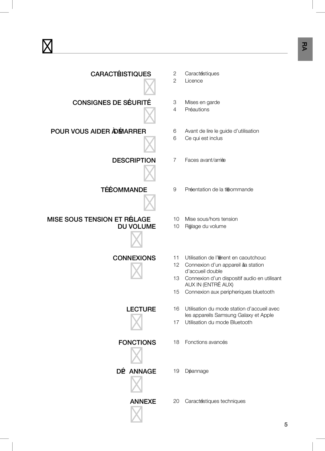 Samsung DA-E550/SQ, DA-E550/TK, DA-E550/EN, DA-E550/XN Table des matières, Connexions Lecture Fonctions Dépannage Annexe 