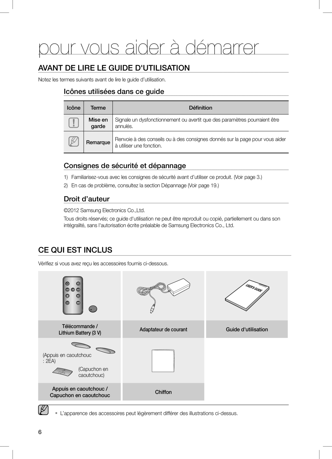 Samsung DA-E550/TK, DA-E550/EN manual Pour vous aider à démarrer, Avant de lire le guide dutilisation, CE QUI EST Inclus 