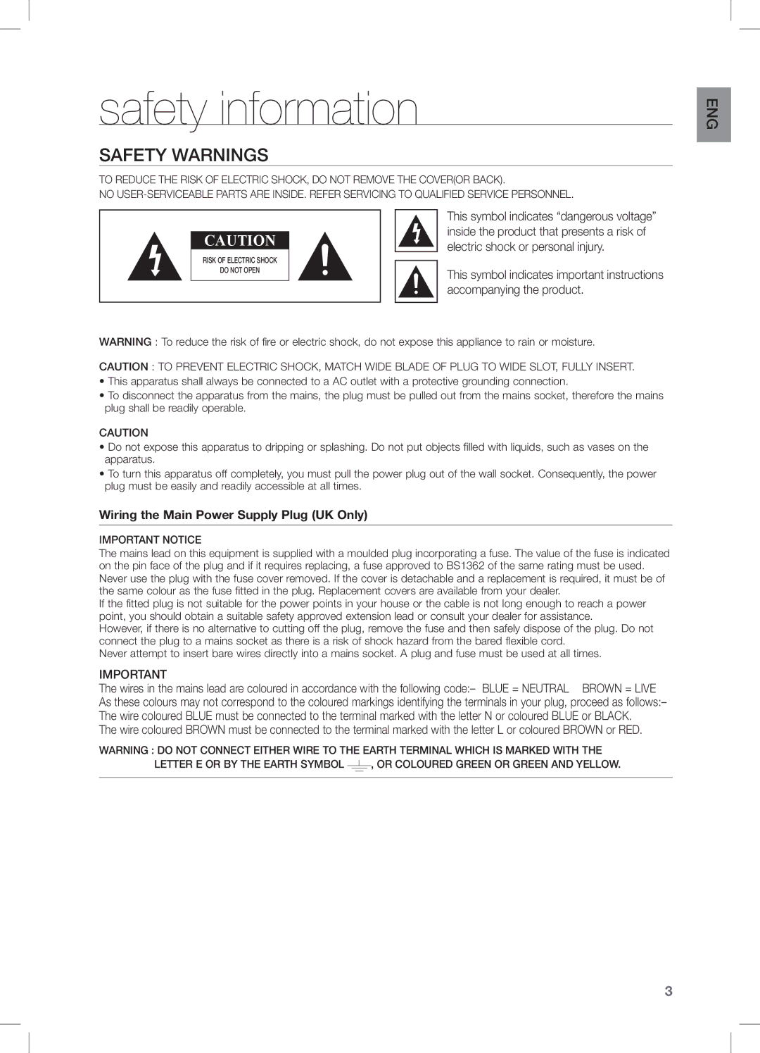 Samsung DA-E550/ZF, DA-E550/TK, DA-E550/EN, DA-E550/XN, DA-E550/UM, DA-E550/SJ, DA-E550/ZN Safety information, Safety Warnings 