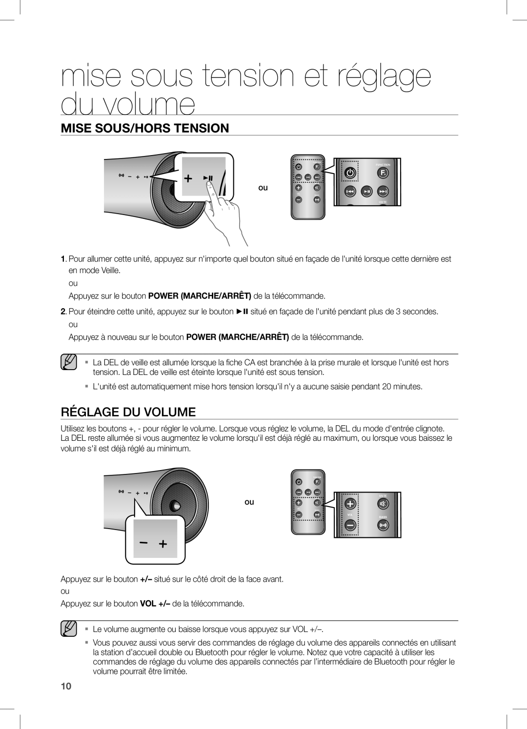 Samsung DA-E550/UM, DA-E550/TK, DA-E550/EN, DA-E550/XN, DA-E550/ZF Mise sous tension et réglage du volume, Réglage DU Volume 