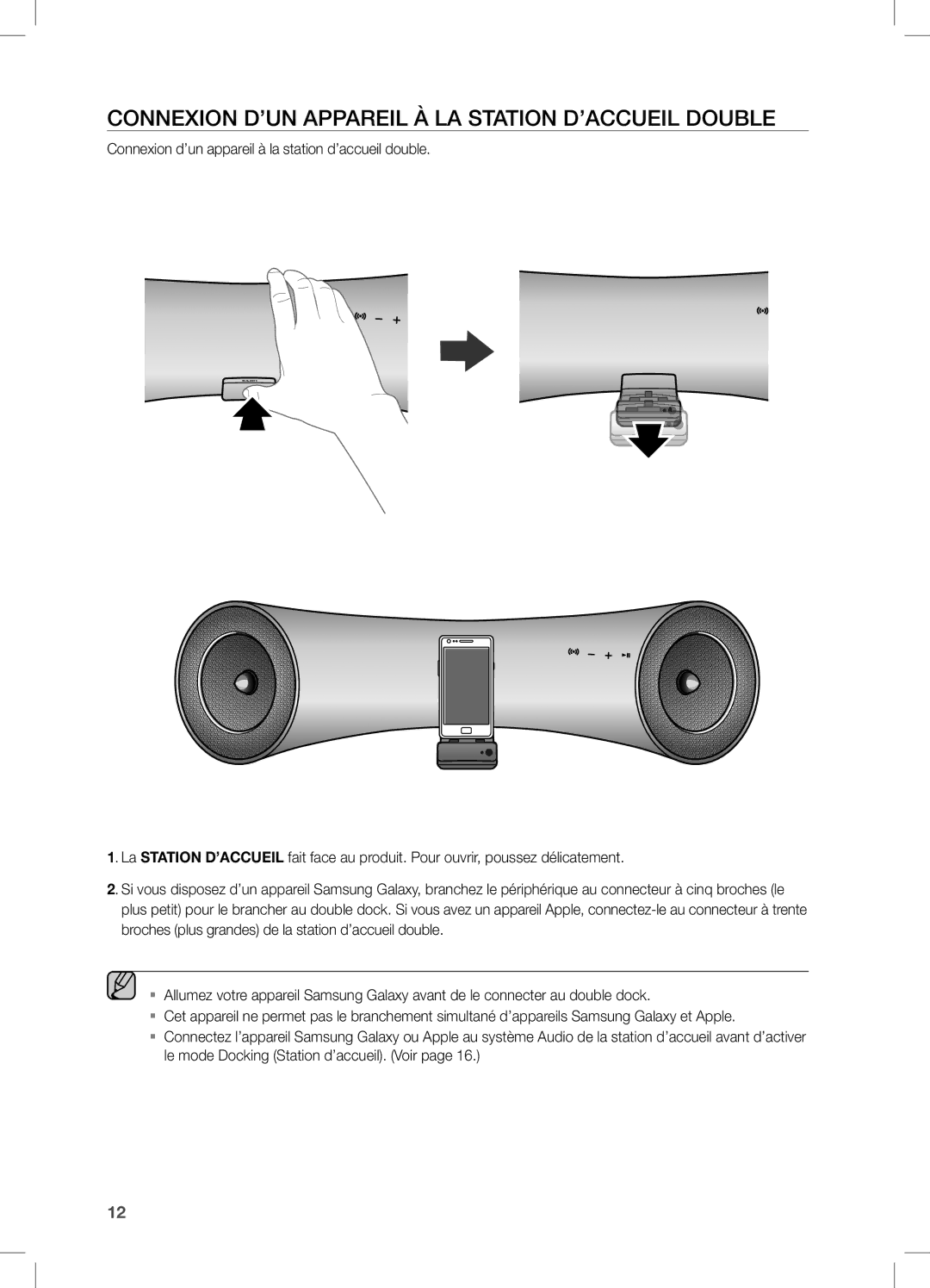 Samsung DA-E550/ZN, DA-E550/TK, DA-E550/EN, DA-E550/XN, DA-E550/ZF manual COnneXiOn D’Un APPAReiL À LA STATiOn D’AccUeiL DOUBLe 