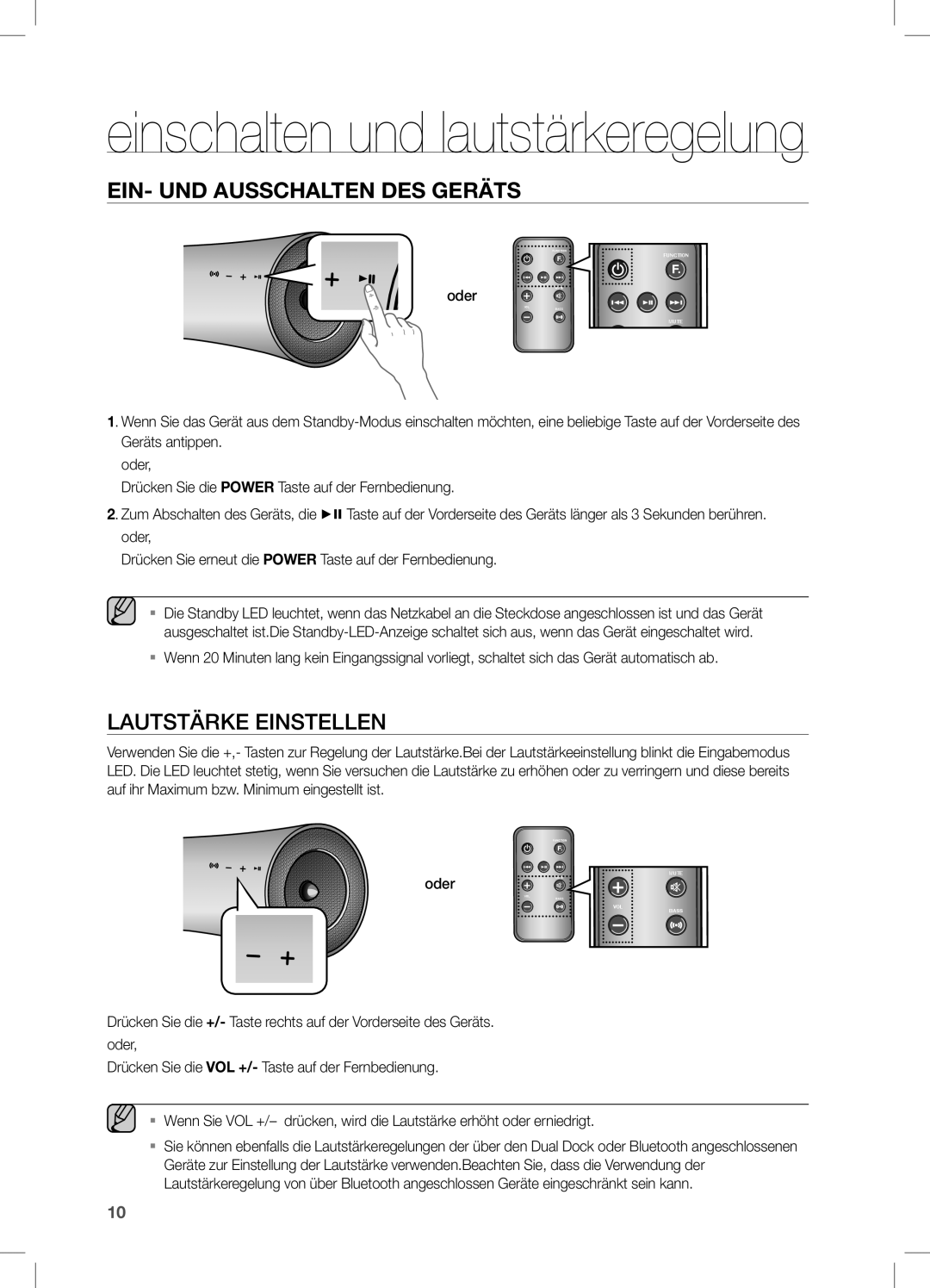 Samsung DA-E550/XE, DA-E550/TK, DA-E550/EN, DA-E550/XN, DA-E550/ZF Einschalten und lautstärkeregelung, Lautstärke Einstellen 