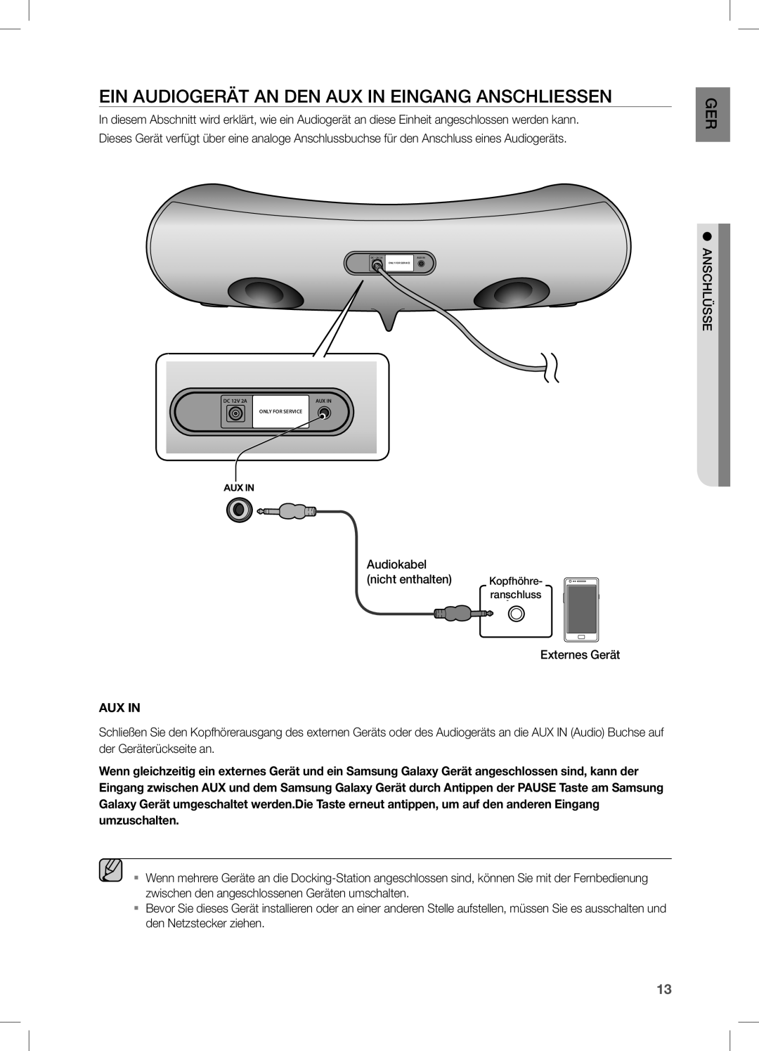 Samsung DA-E550/EN, DA-E550/TK, DA-E550/XN, DA-E550/ZF, DA-E550/UM manual Ein AUdioGeRÄT An den AUX in einGAnG AnSCHLieSSen 