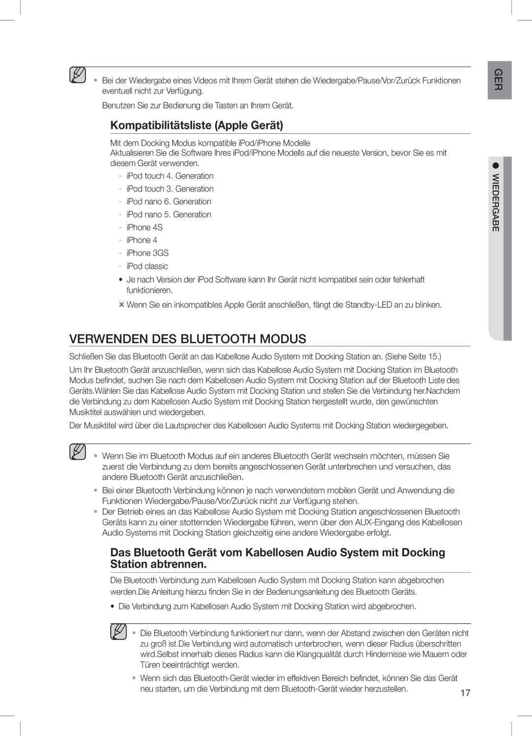 Samsung DA-E550/SJ, DA-E550/TK, DA-E550/EN, DA-E550/XN manual Verwenden DES Bluetooth Modus, Kompatibilitätsliste Apple Gerät 