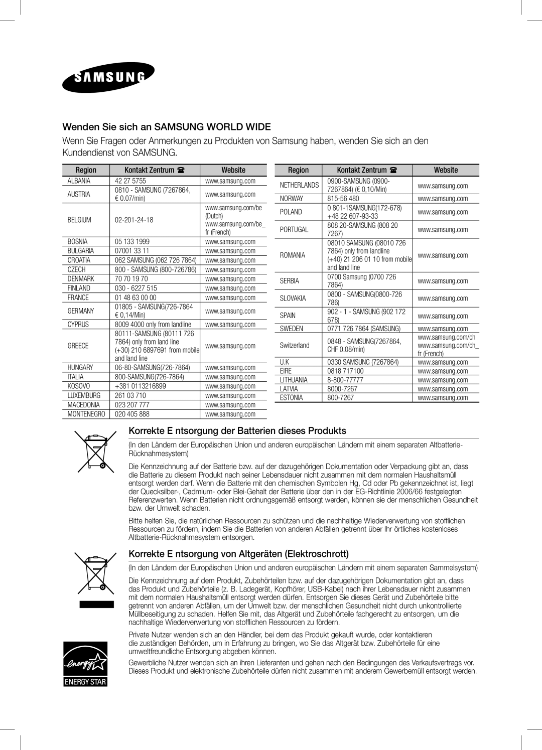 Samsung DA-E550/TK, DA-E550/EN, DA-E550/XN, DA-E550/ZF, DA-E550/UM manual Korrekte E ntsorgung der Batterien dieses Produkts 