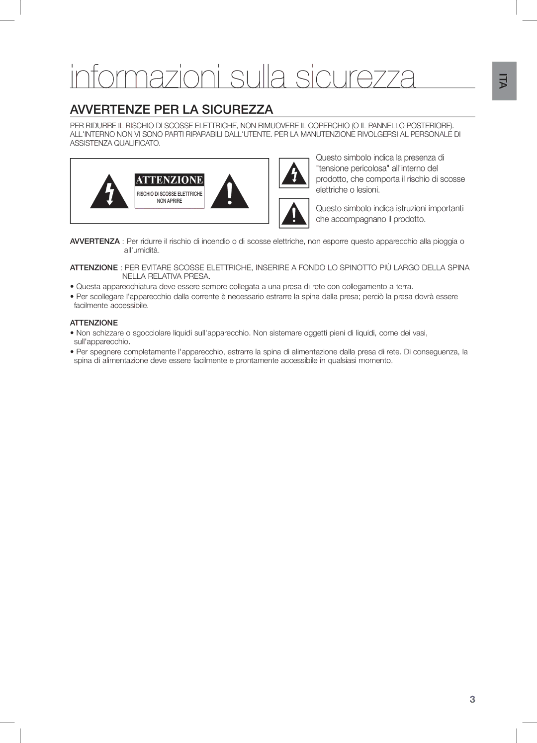 Samsung DA-E550/ZF, DA-E550/TK, DA-E550/EN, DA-E550/XN, DA-E550/UM Informazioni sulla sicurezza, Avvertenze PER LA Sicurezza 