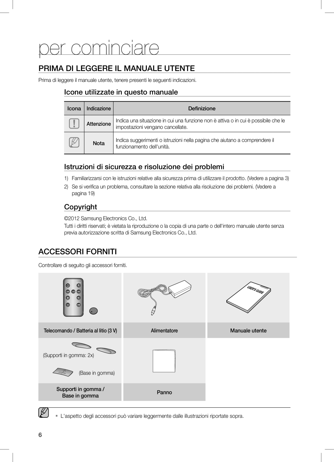 Samsung DA-E550/ZN, DA-E550/TK, DA-E550/EN, DA-E550/XN Per cominciare, Prima di leggere il manuale utente, Accessori Forniti 