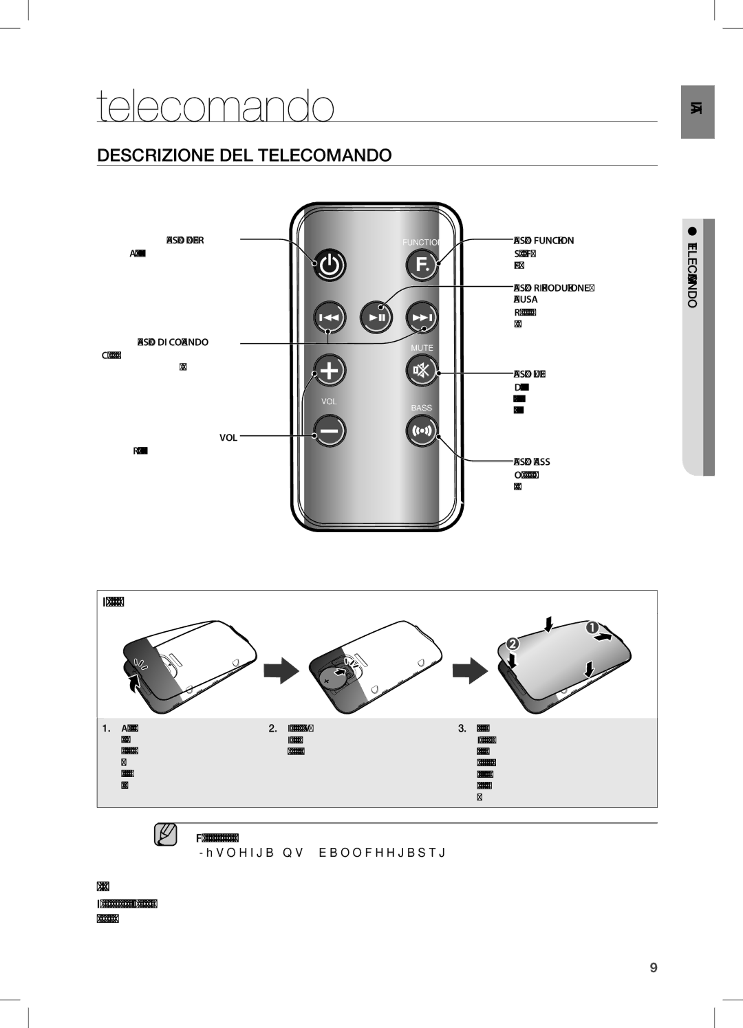 Samsung DA-E550/TK Descrizione DEL Telecomando, Installazione della batteria nel telecomando, Portata del telecomando 