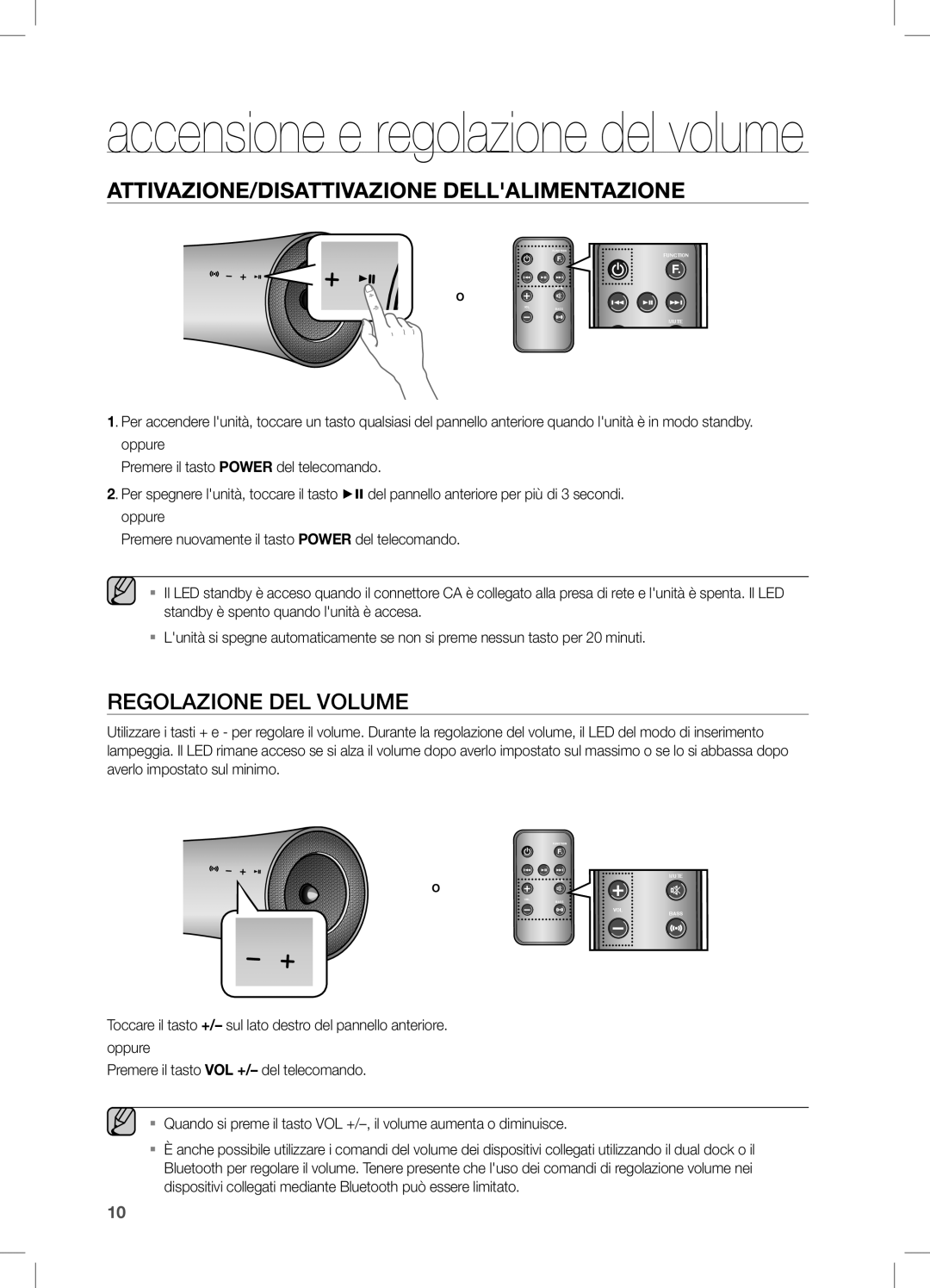 Samsung DA-E550/EN, DA-E550/TK, DA-E550/XN, DA-E550/ZF manual Accensione e regolazione del volume, Regolazione DEL Volume 