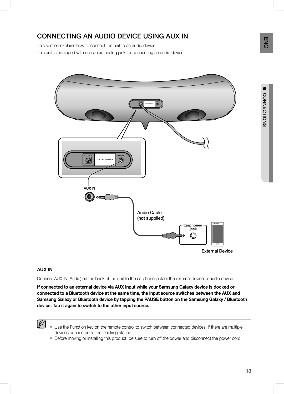 Samsung DA-E550/UM, DA-E550/TK, DA-E550/EN, DA-E550/XN COnnecting an aUDiO DeVice Using aUX, External Device, ConnEctions 