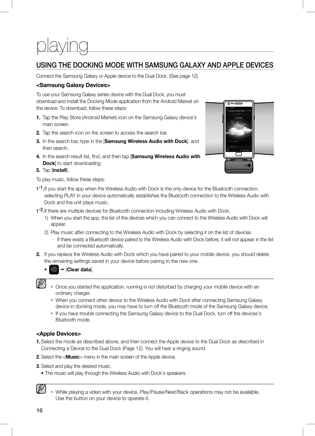 Samsung DA-E550/XE, DA-E550/TK, DA-E550/EN, DA-E550/XN Playing, Using the Docking mode with Samsung Galaxy and Apple Devices 